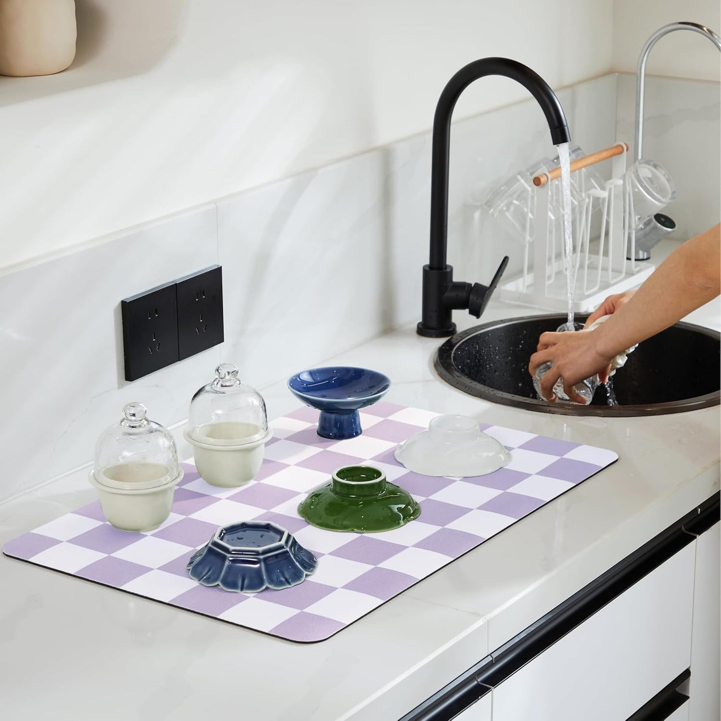 Checkered Dish Drying Mat for Kitchen Counter, Coffee Bar Station Accessories, Retro Cute Aesthetic Modern Absorbent Drainer Mat Kitchen Drying Mat Easy Clean, Purple 16" x 24"