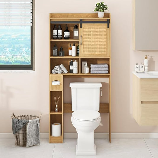 Over The Toilet Storage Cabinet, Farmhouse Rattan Storage Cabinet Over Toilet with Sliding Doors & Toilet Paper Holder Stand, Home Space-Saving Toilet Rack, for Bathroom, Laundry(Rattan Oak).