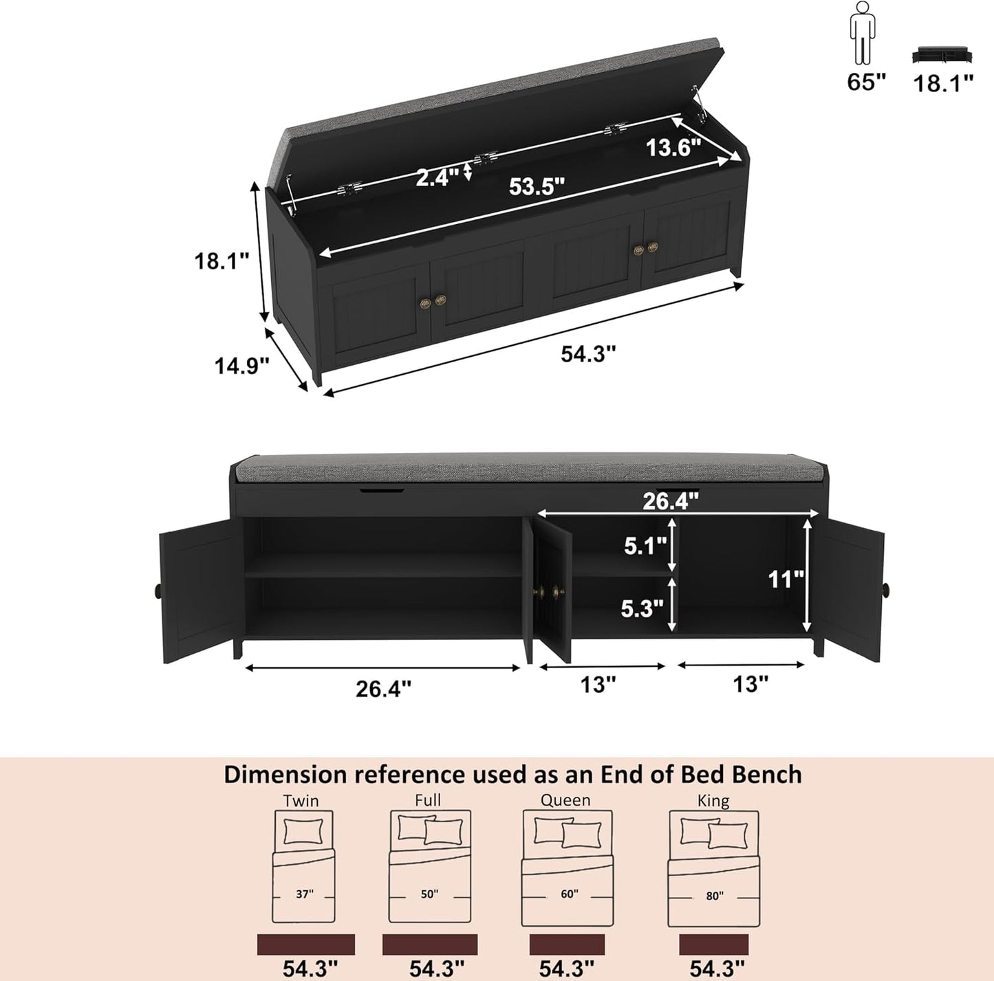 HOMEFORT 54.4" Shoe Bench with Lift Top Storage, Entryway Bench with Cushioned Seat, Wooden End of Bed Bench, Shoe Cabinet Bench with Hidden Storage Space, for Bedroom, Hallway,Black