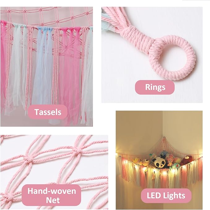 Stuffed Animal Toys Hammock with LED Light, Stuffed Doll Hanging Corner Holder for Home Storage, Large Hanging Net -Display Teddies for Bedroom, Pink Decor Organizer