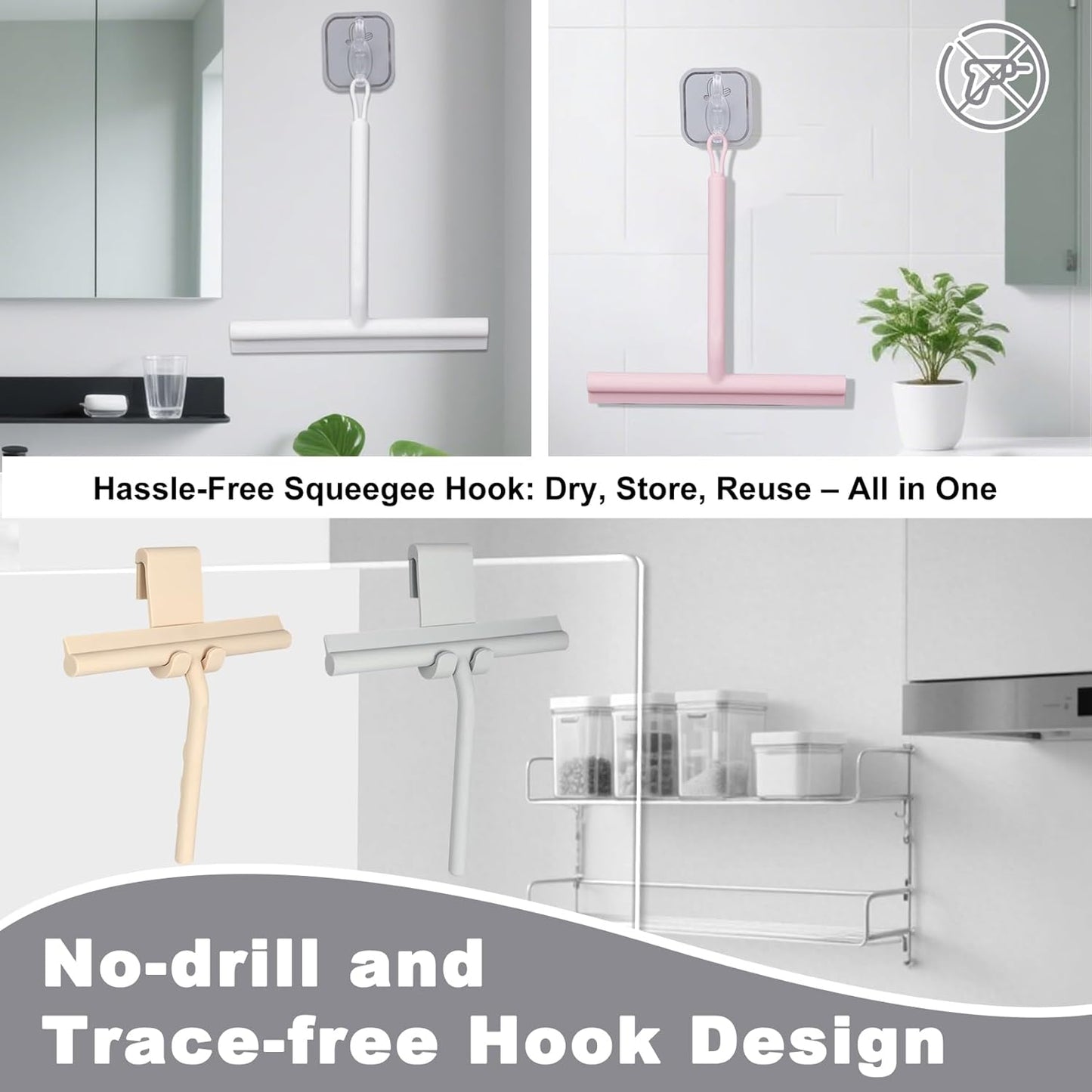 Squeegee for Shower Glass Doors, Resilient Loop - No-Drill & Adhesive Hook, Silicone Shower Squeegee with Stainless Steel Core, Cleaning Tool for Home, Kitchen, Bathroom & Car - White