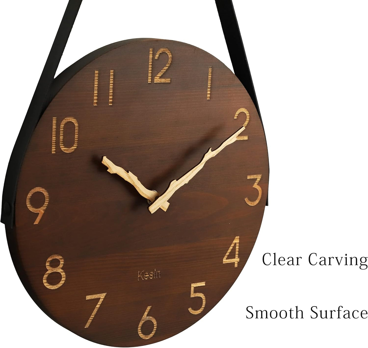 Kesin Wall Clock 10 Inch Silent Wooden Wall Clock Battery Operated Hand Made Retro Fashion Clock with Rope Hanging Decorative for Living Room,Kitchen,Bedroom,Office