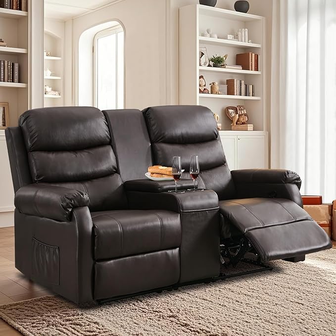 Loveseat Reclining Sofa, Home Theater Seating with Center Console, RV Recliner Sofa with Cup Holders and Pockets, Manual Double Seater Recliner for Living Room, Motor Home, Cinema(Brown)