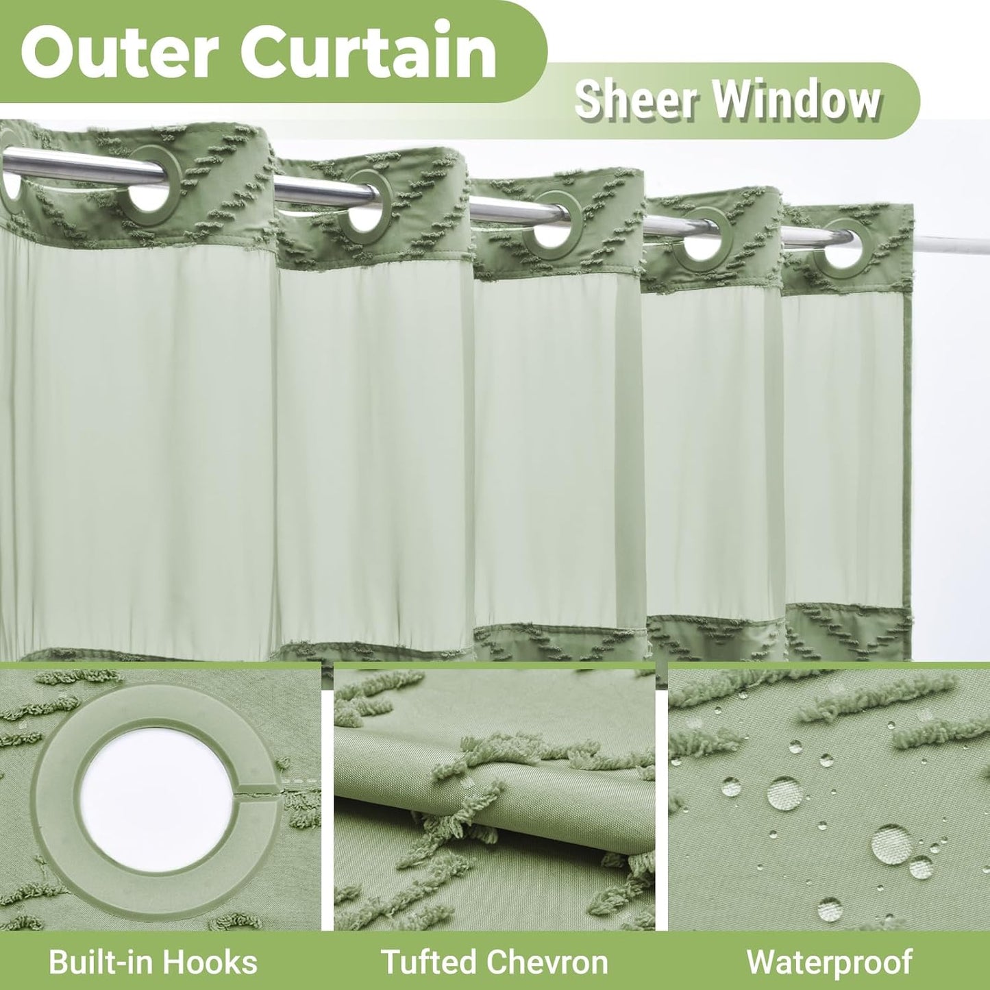 Long No Hook Shower Curtain with Snap in Liner, Tufted Chevron Striped Shower Curtain Set for Bathroom, Boho Waterproof and Washable Shower Curtains,71Wx80H, Sage Green