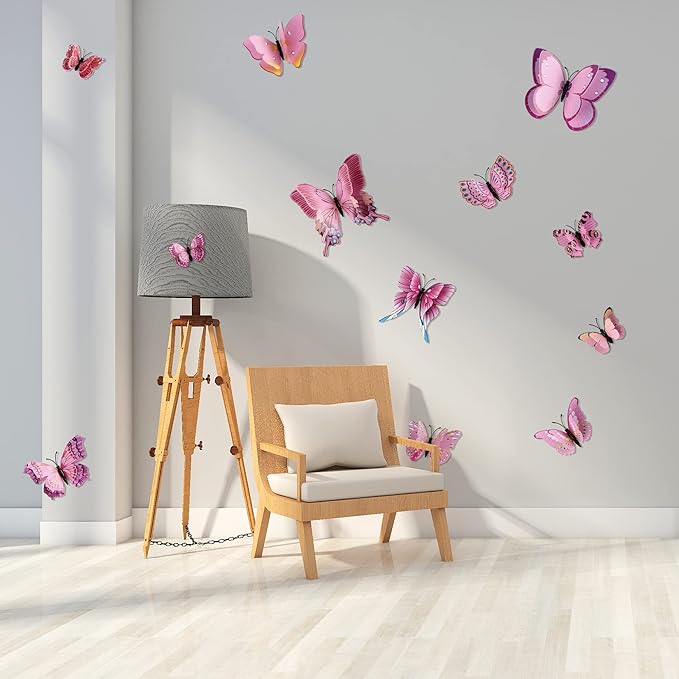 12PCS Butterfly Wall Decals Removable 3D Pink Butterflies Sticker with Magnets for Home Bedroom Kids Room Decor (Double Layer-Pink/12PCS)