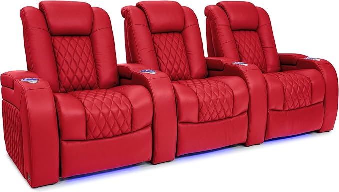 Seatcraft Diamante - Home Theater Seating - Living Room - Power Recline - Italian Leather - Powered Headrests - Cupholders - USB Charging - Ambient Lighting - Arm Storage, Red, Row of 3