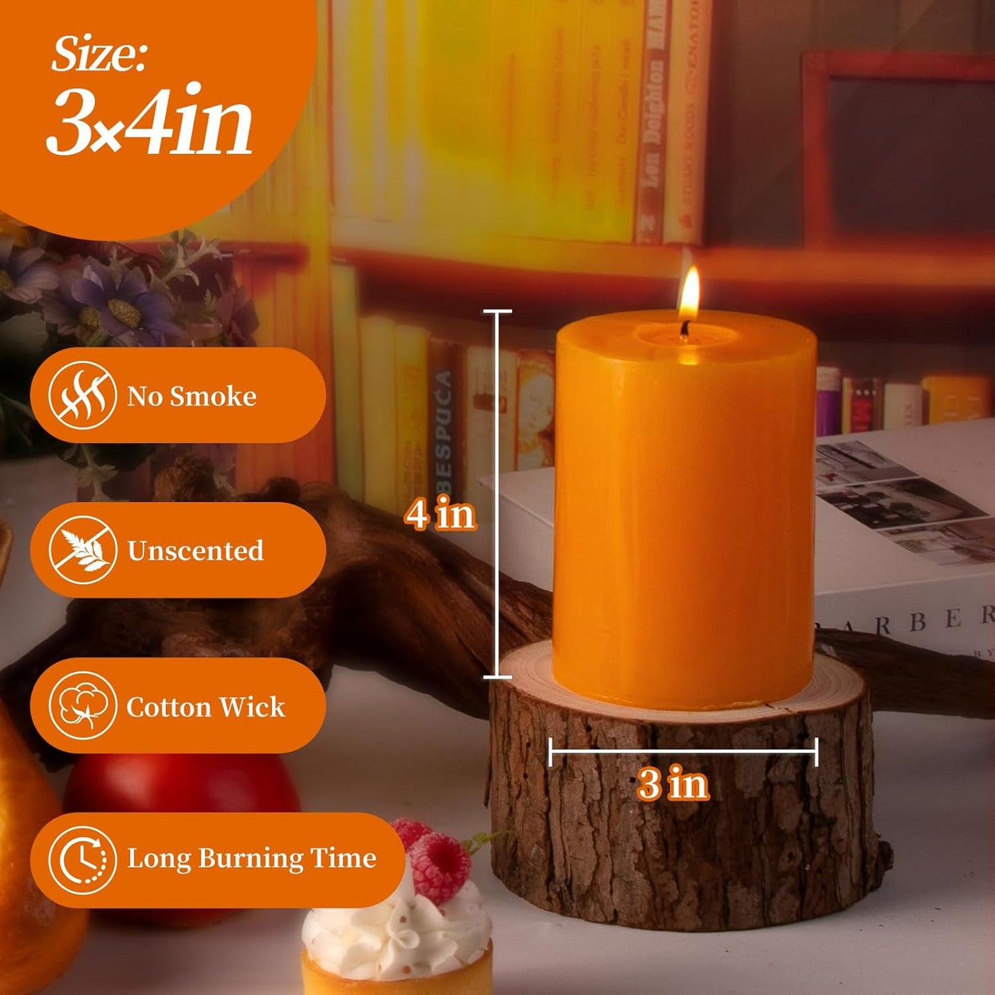 KONNI Orange Pillar Candles Set of 3, 3"x 4" Unscented Pillar Candles Bulk, 40 Hours Long Burning Candles, Smokeless&Dripless Large Round Candle for Wedding, Home Decoration, Parties, Spas, Dinner