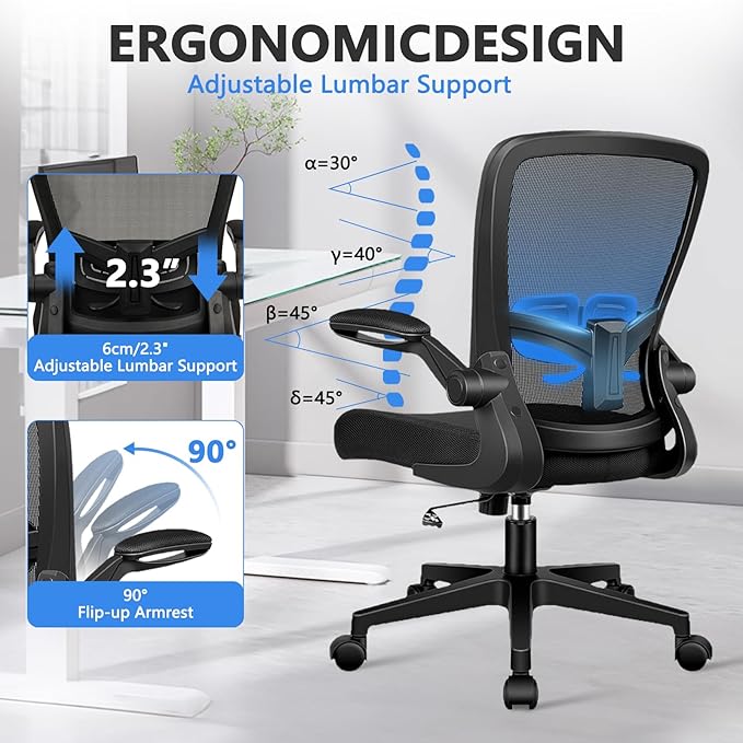 Desk Chairs with Wheels, Ergonomic Mesh Office Chair Adjustable Height and Swivel Lumbar Support Home Office Chair with Flip Up Armrests (8PK)
