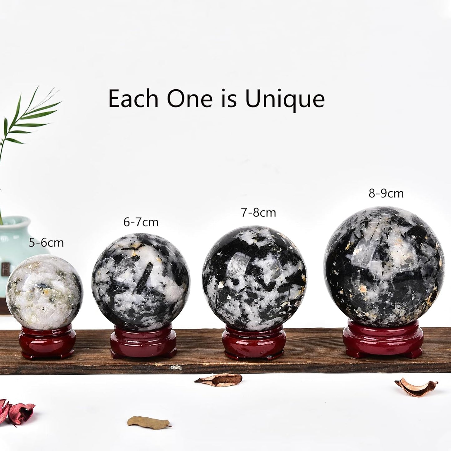 JIC Gem Natural Black and White Tourmaline Crystal Sphere with Wooden Stand Black Quartz Crystal Ball Healing Ornament Specimen Altar Reiki Crystal 60-70mm