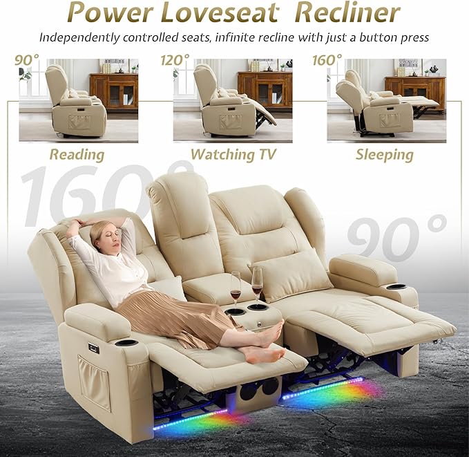 SAMERY Power Loveseat Recliner Sofa with Adjustable Split Back, USB Charging, Bluetooth Speakers & LED Lighting – Home Theater Seating with Storage, Cup Holders, Beige Fabric Loveseat Recliner