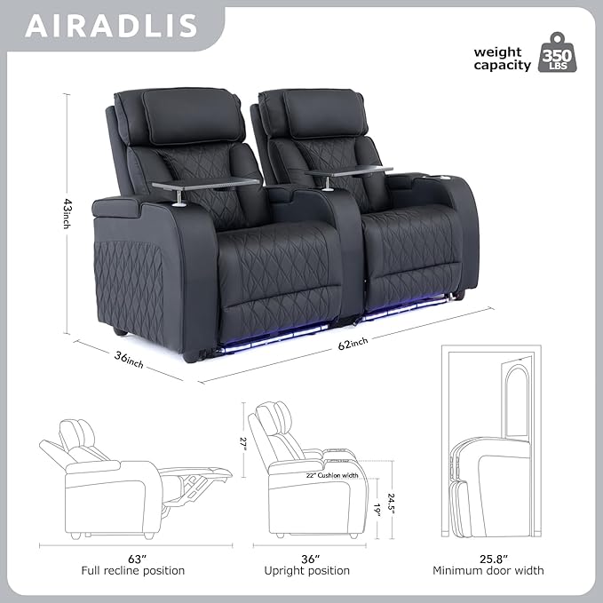 Home Theater Seating Top Grain Leather, Movie Theater Chairs Theater Recliner Sofa with Dual Power Ergonomic Design 7 Colors Ambient Lighting Tray Table Type-C USB Charge (Black, Row of 2)