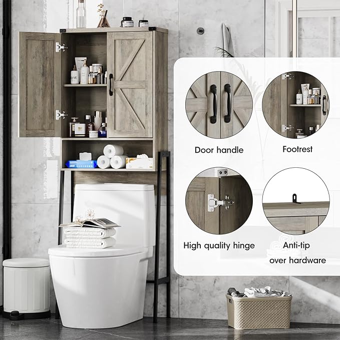 Over The Toilet Storage Cabinet with 2-Door Design Bathroom Organizers and Storage with Anti-Tip Device Over Toilet Organizer with Shelves for Bathroom,Restroom,Laundry Grey