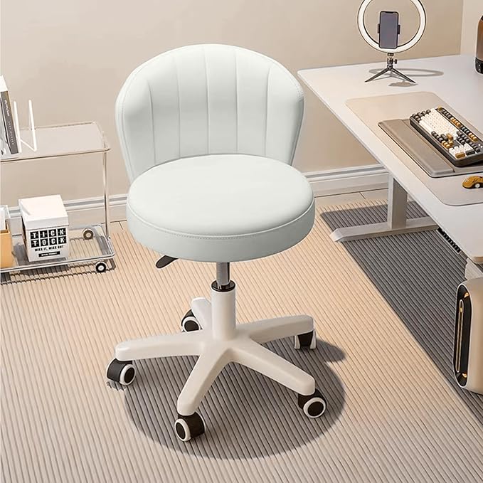 Small Desk Chair Round Rolling Chair with Back PU Leather Height Adjustable Swivel Vanity Work Computer Stool Chair for Home Office Bedroom