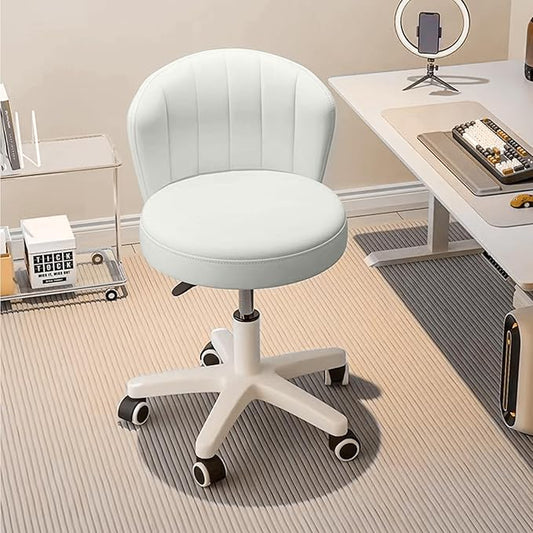 Small Desk Chair Round Rolling Chair with Back PU Leather Height Adjustable Swivel Vanity Work Computer Stool Chair for Home Office Bedroom