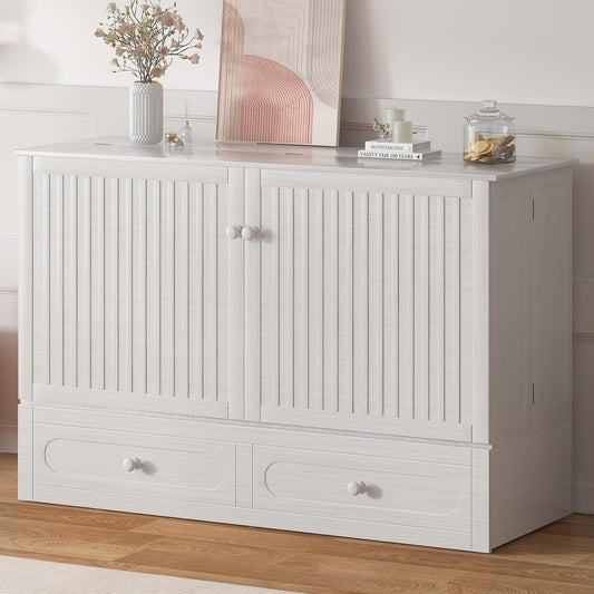 ijuicy Murphy Bed Queen Size with Foam Mattress, Side Storage Board, Cabinet Bed with Charging Station Large Storage Drawer for Space-Saving Room, Foldable Hideaway-White