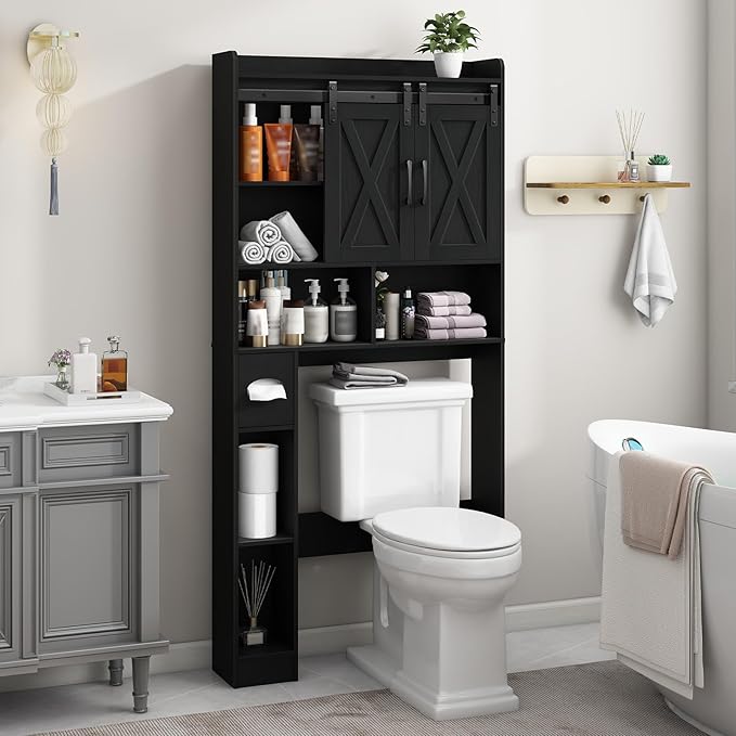 Over The Toilet Storage Cabinet, Farmhouse Storage Cabinet Over Toilet with Sliding Doors & Toilet Paper Holder Stand，Home Space-Saving Toilet Rack, for Bathroom, Laundry and Restroom.Black