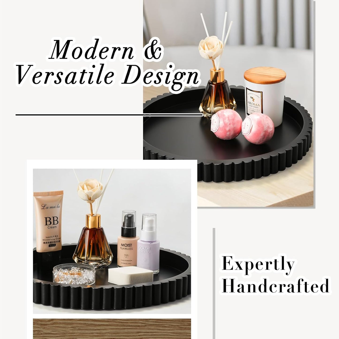 Handmade 12in Decorative Tray for Coffee Table Tray Decor, Black Wooden Decorative Round Tray for Kitchen, Living Room, Home Decor