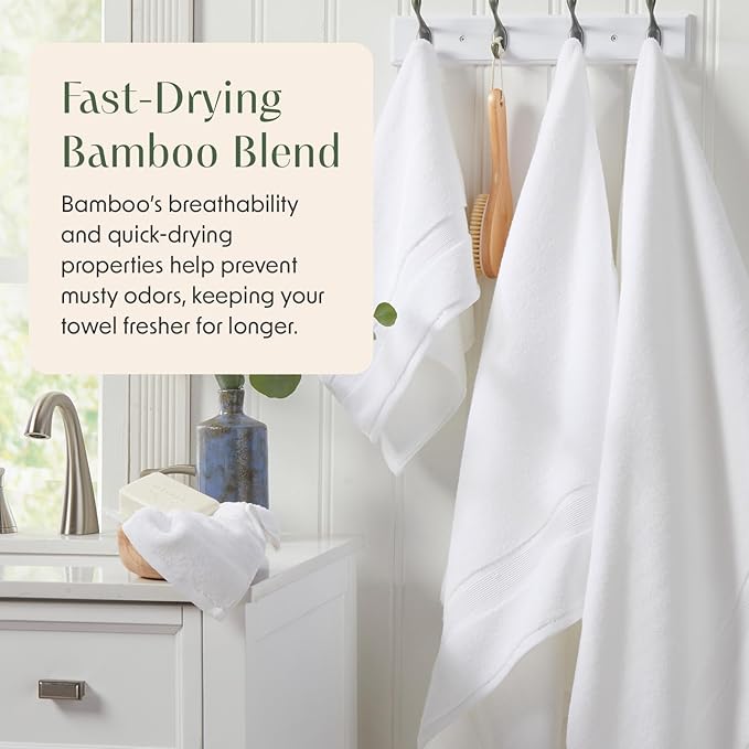 Springtree Home Luxury Bamboo Rayon Bath Towel Set 6 Piece Set | 35% Bamboo Rayon - 65% Zero Twist Cotton | Absorbent Quick-Dry Towels for Bathroom | Oeko-TEX Standard 100 Cotton | White