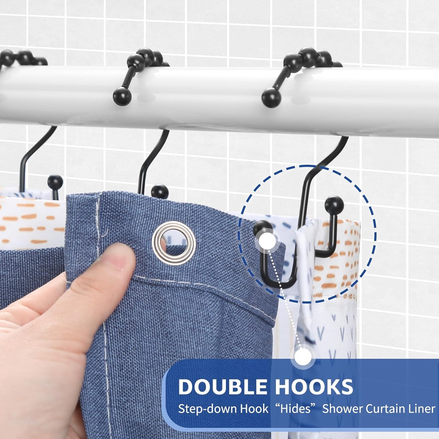 Shower Curtain Hooks, 12Pcs Shower Curtain Rings Rust Proof, Stepped Double Hook Shower Curtain Hooks, Easy Glide Metal Shower Hooks for Shower Curtain Bathroom Kitchen Wardrobe, Black