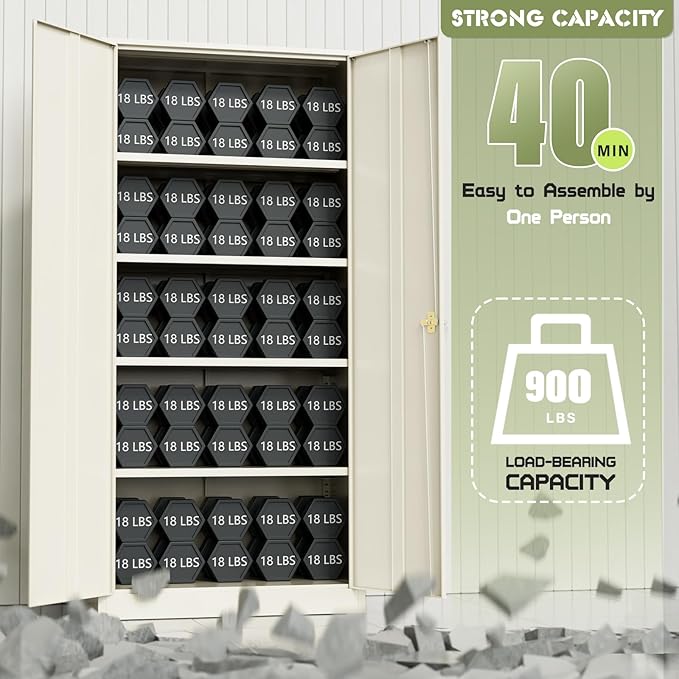 SUNCROWN 72" Metal Storage Cabinet - Heavy-Duty Metal Garage Cabinet with 4 Adjustable Shelves & 2 Doors for Tools, Office, Home, Workshop,Warm Grey