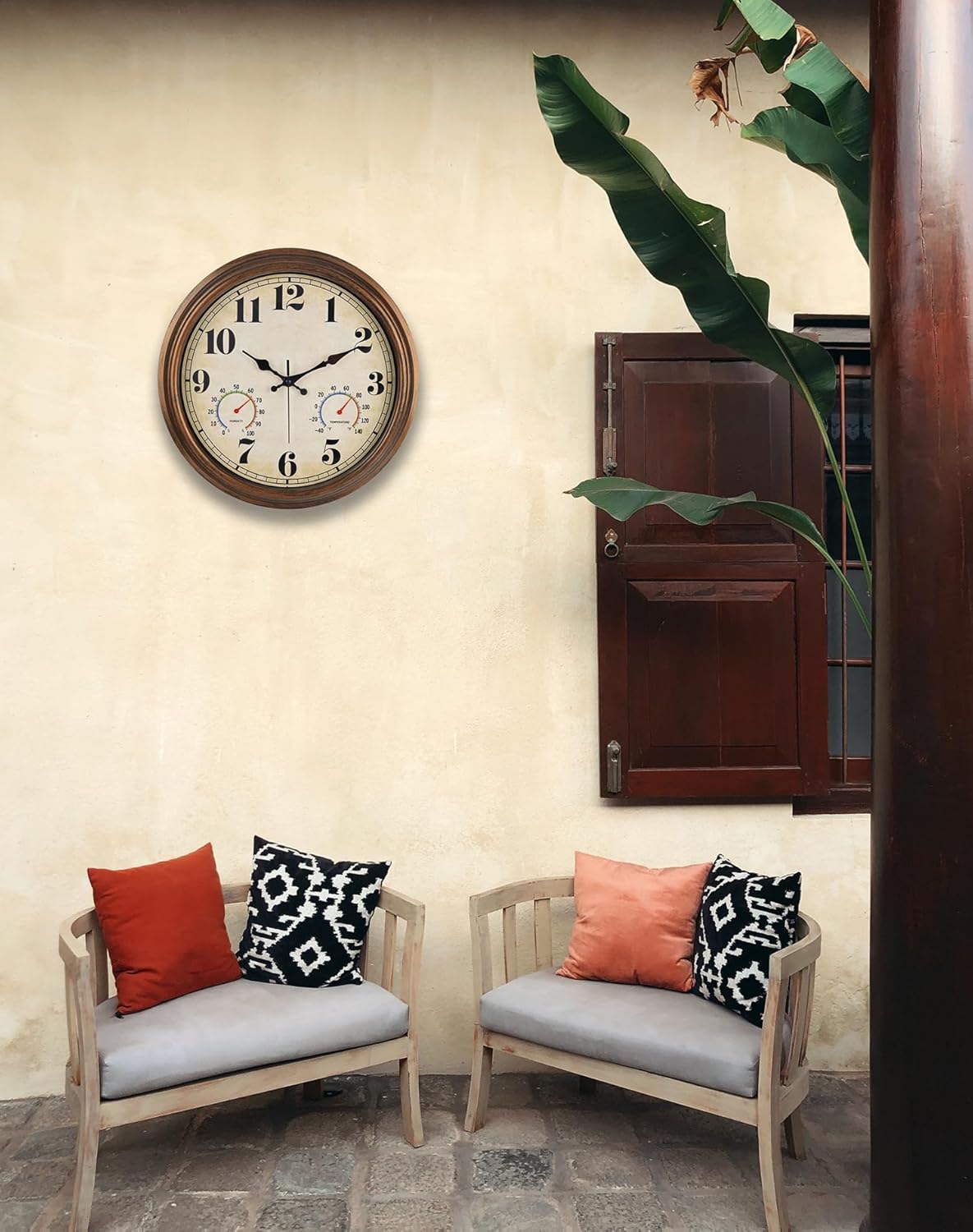 45MinST 16 Inch Bronze Vintage Large Indoor/Outdoor Waterproof Wall Clock with Thermometer & Hygrometer, Silent Non-Ticking Quartz Timepiece for Home, Porch, Garden,Pool