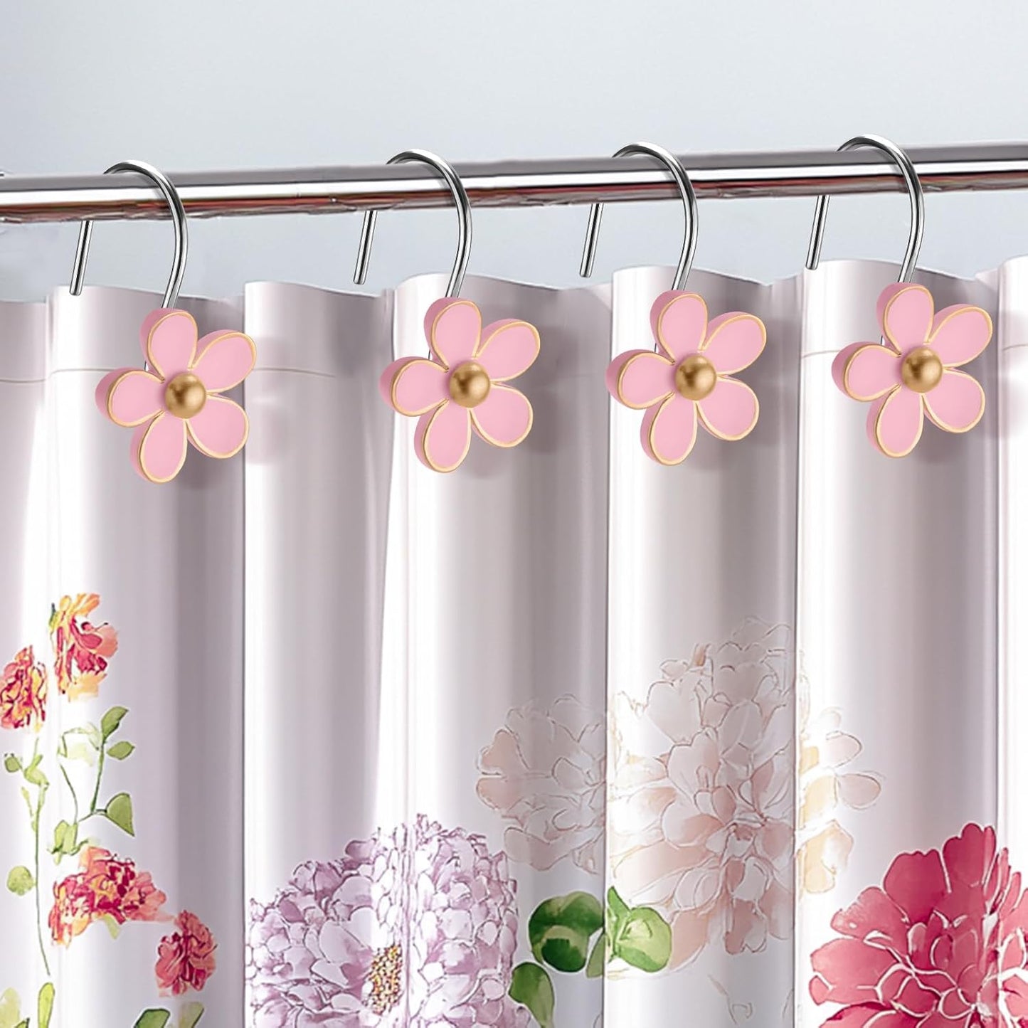 Cute Flower Shower Curtain Hooks, Pretty Floral Themed Elegant Bathroom Decor, Gold/Pink