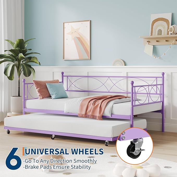 IDEALHOUSE Twin daybed with Trundle, Metal Twin Daybed and Trundle Set, Day Bed Sofa Bed Frame with Steel Slat Support, Multifunctional Daybed Frame for Bedroom (Purple Sets)