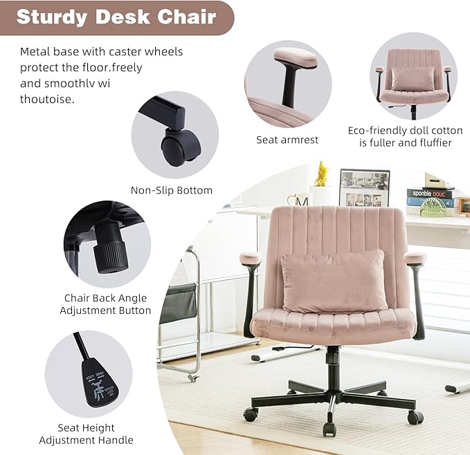 Furnimart Criss Cross Desk Char Wide Seat with Wheels and Arms, 360° Swivel Cross Legged Desk Chair Thick Cushion, Velvet Comfy Armless Home Office Chair for Bedroom, Vanity, Sturdy (Light Pink)