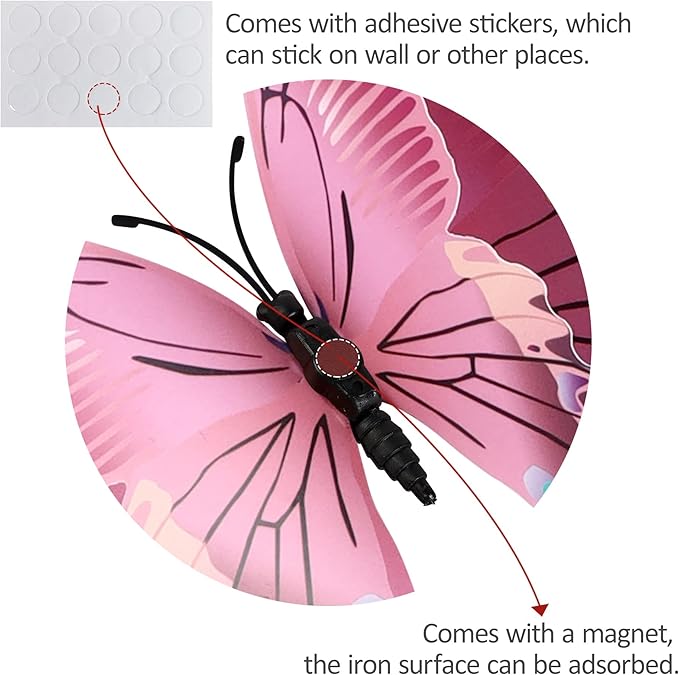 24PCS Butterfly Wall Decals Removable 3D Butterflies Decor for Wall Sticker Mural Stickers Home Decoration Kids Room Bedroom Decor (Double Layer-Pink/24PCS)