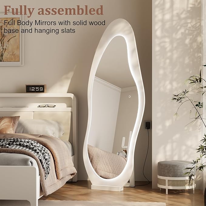 69"x 24" Wavy Mirror Full Length,Lights Irregular led Full Length Mirror, Shatter-Proof Hanging or Leaning Against Wall for Cloakroom/Bedroom/Living Room,Walnut (White)