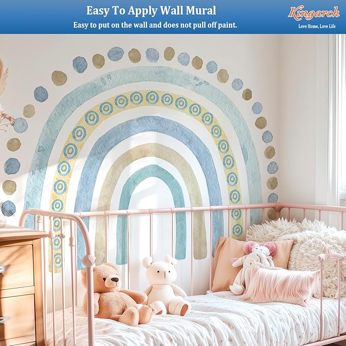 Large Watercolor Rainbow Wall Decals, Blue Dots Peel and Stick Fabric Nursery Wall Decor, Removable Home Room Wall Decor Murals Stickers for Kids Girls Toddler Bedroom Living Room Playroom