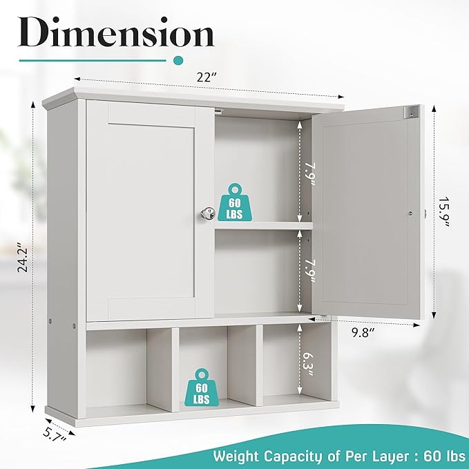 Meilocar Bathroom Wall Cabinet, Bathroom Cabinet Wall Mount with 2 Doors and 3 Open Shelves, Over The Toilet Wood Medicine Cabinets, White