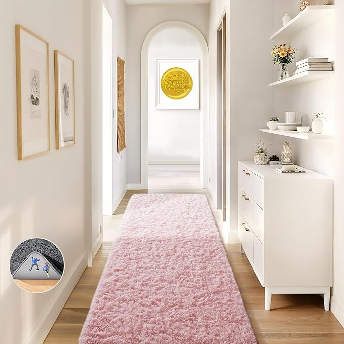 Ophanie Pink Runner Rug for Hallway, 2x6 Bedroom Bedside Living Room Rugs, Non Slip Fluffy Soft Shaggy Carpet for Kids Girls Boys Dorm Nursery Home Decor Aesthetic