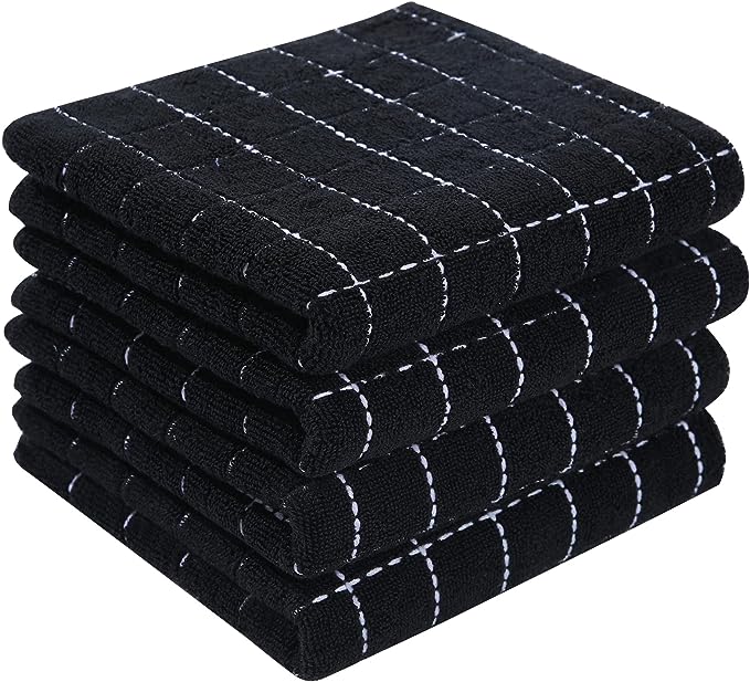 Homaxy 100% Cotton Terry Kitchen Towels(Black, 13 x 28 inches), Checkered Designed, Soft and Super Absorbent Dish Towels, 4 Pack
