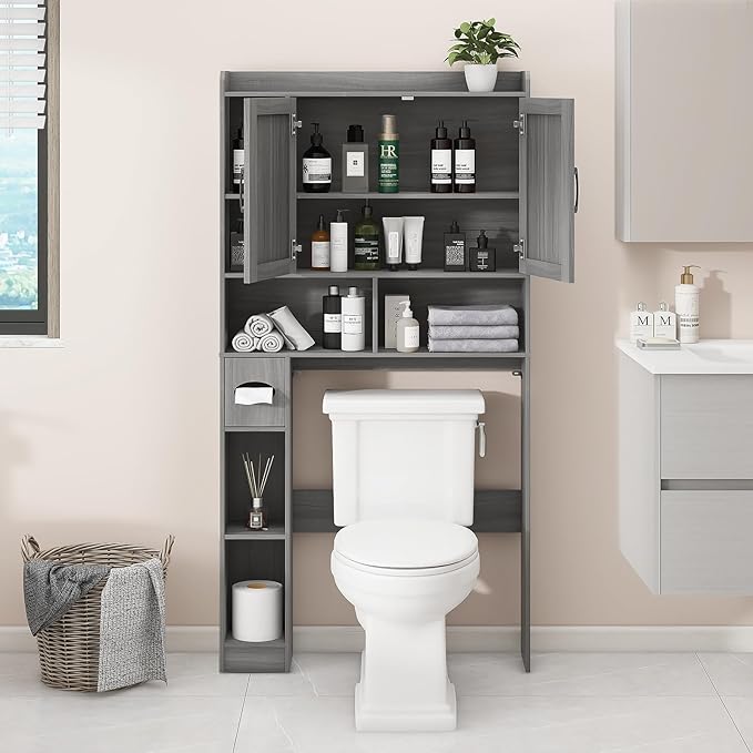 Vabches Over The Toilet Storage Cabinet, Farmhouse Style with 2 Barn Doors, Toilet Paper Holder, Space-Saving for Bathroom & Laundry, Gray