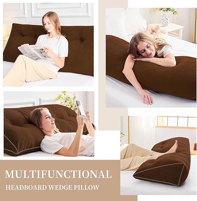 Sasttie Headboard Pillow Full, Wedge Pillow Headboard for Sitting Up in Bed, Back-Rest Support Triangular Cushion for Reading - Features Removable Washable Cover, Brown