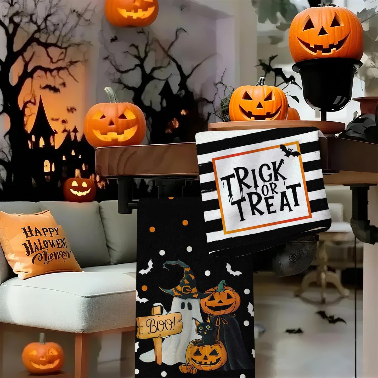 Ghost Pumpkins Cat Boo Halloween Kitchen Towels, Trick OR Treat Dish Towels, Holiday Home Indoor Bathroom Party Seasonal Decorations Hand Towels Set of 2, 18x26 Inch