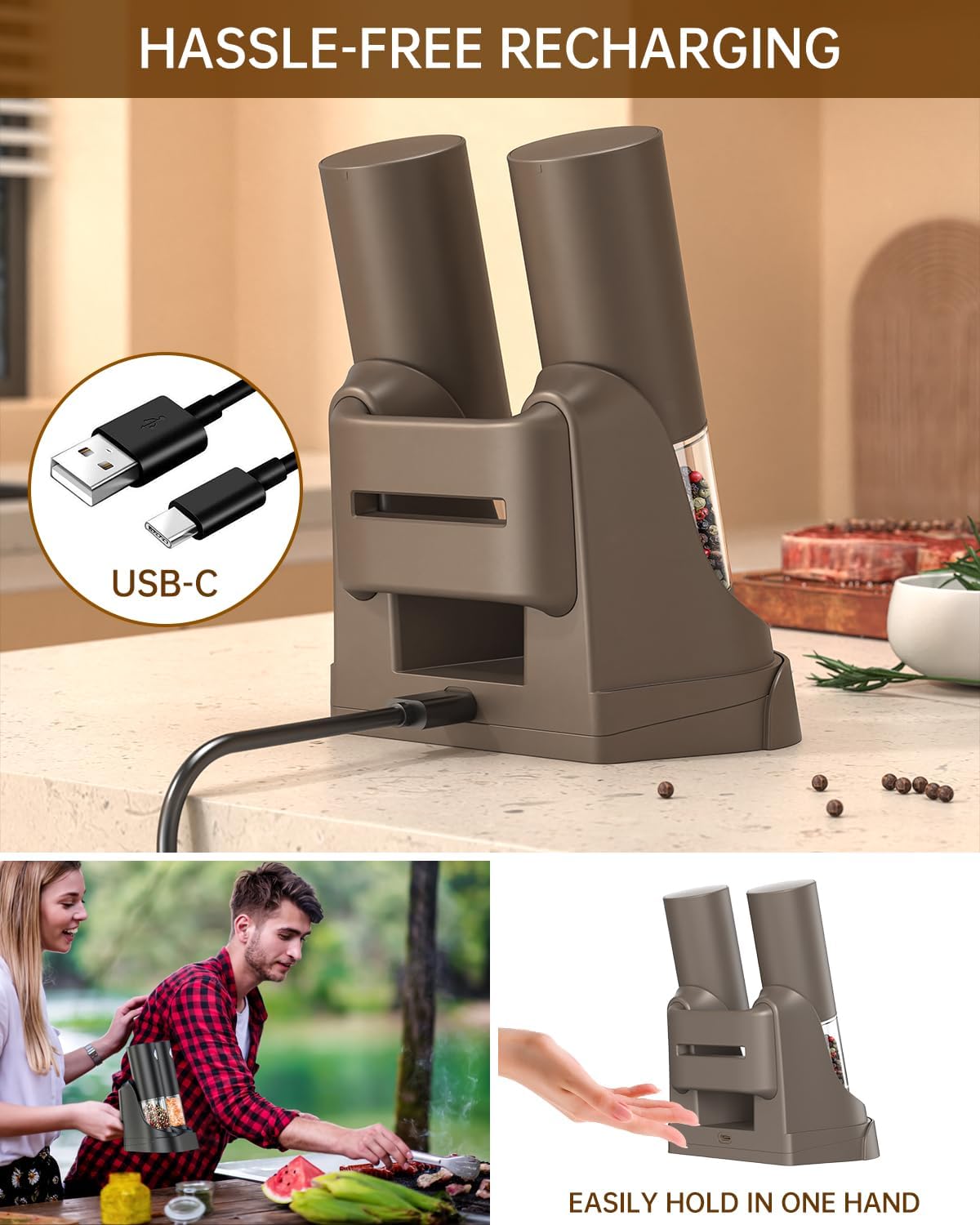 CIRCLE JOY Electric Salt and Pepper Grinder Set Automatic Salt and Pepper Grinder Set with Easy-to-Carry Charging Base and LED Light, USB Rechargeable, Upgrade External Adjustable Coarseness, Green