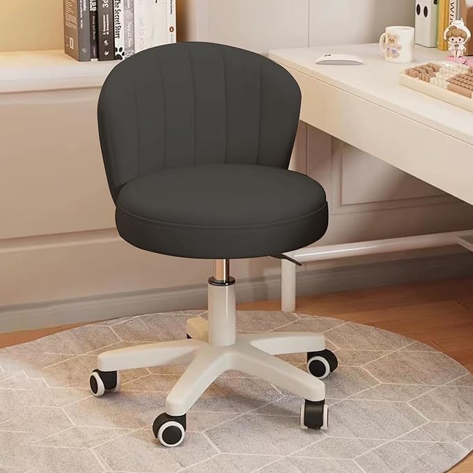 Small Desk Chair Round Rolling Chair with Back PU Leather Height Adjustable Swivel Vanity Work Computer Stool Chair for Home Office Bedroom