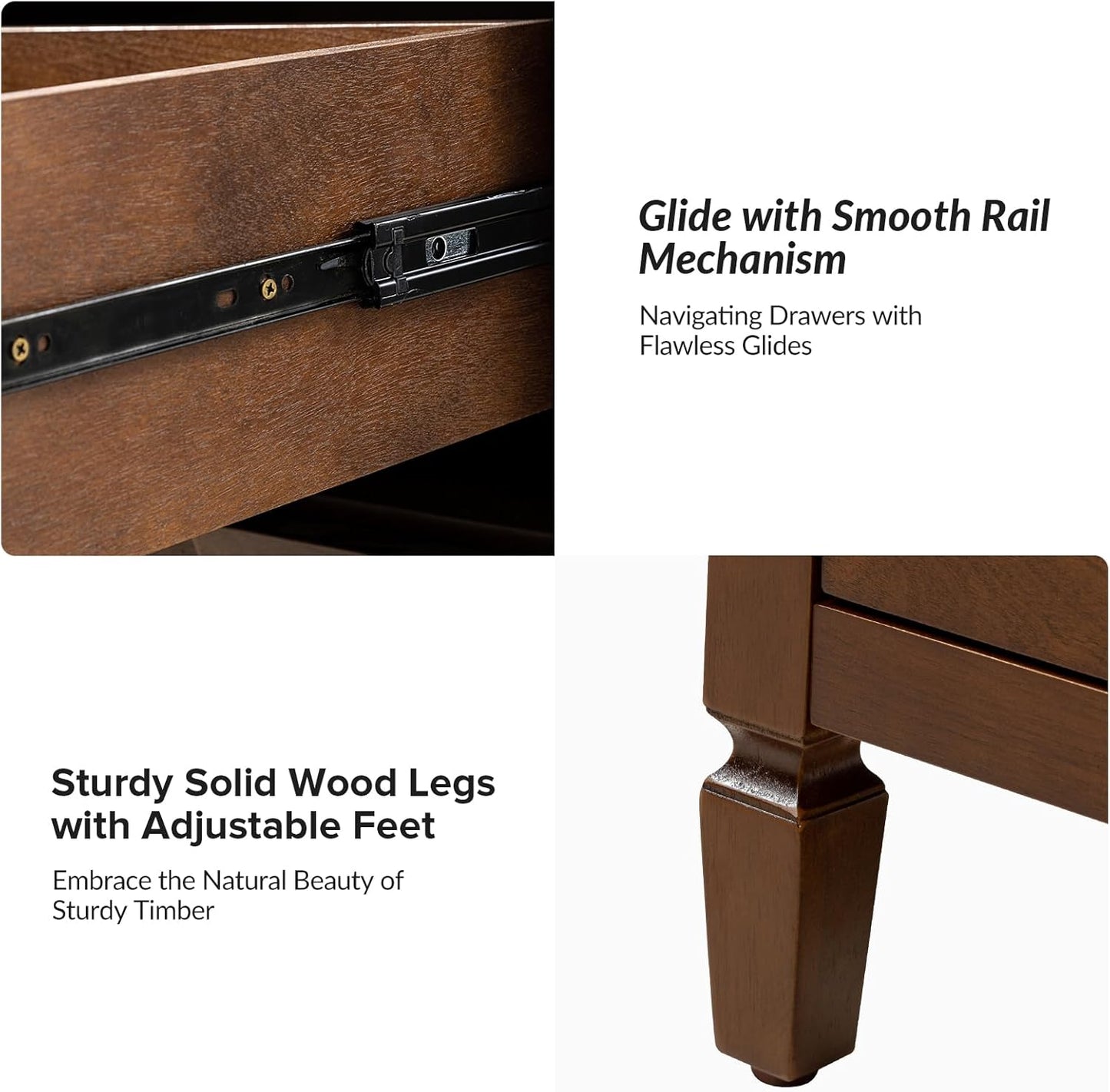 HULALA HOME Wood Nightstands Set of 2 with Charging Station, 2-Drawer Dresser with Wooden Legs, Mid-Century Modern Bedside Furniture, French-Style End Table for Bedroom, Walnut