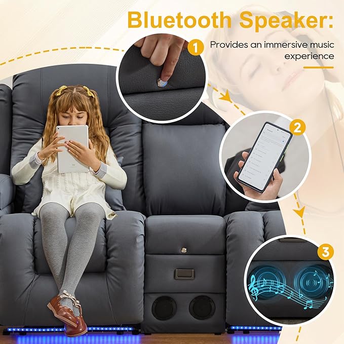 IPKIG 67" Power Reclining Loveseat Sofa, Electric Home Theater Seating with Console/4 Colors Ambient Lighting/Bluetooth Speakers/USB Ports/Built-in Outlets (Light Blue, Loveseat Recliner)