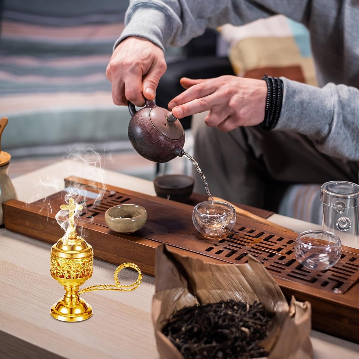 Zonon 2 Sets Incense Burner with Tong, Frankincense Charcoal Incense Stand Holder, Ideal for Yoga, Spa, Aromatherapy, Home and Christian Church Censer(Gold)