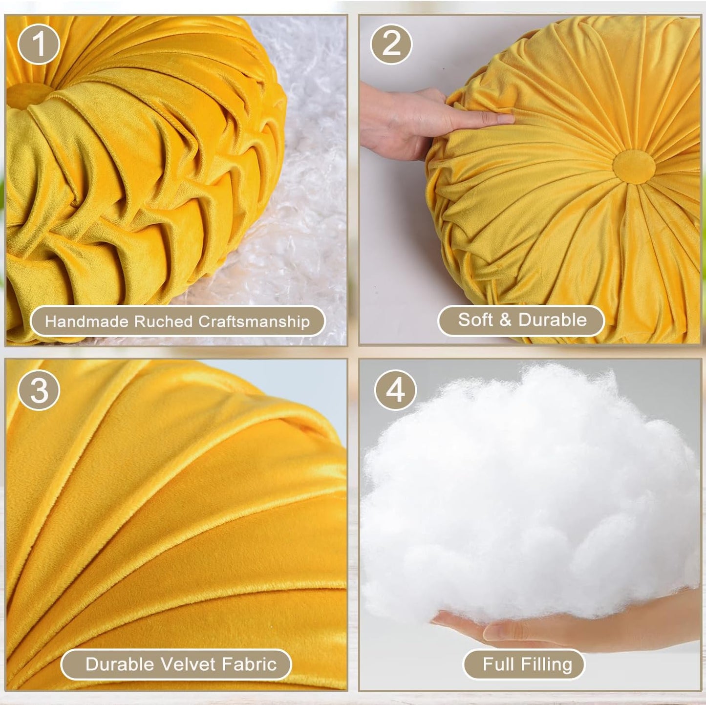 HIG Set of 2 Yellow Ruched Velvet Round Throw Pillows – 14.5’’ Decorative Pillows with Soft Polyester Filling for Couch, Bed, Living Room, Bedroom, or Dorm – Handmade, Stress Relieving, All-Season