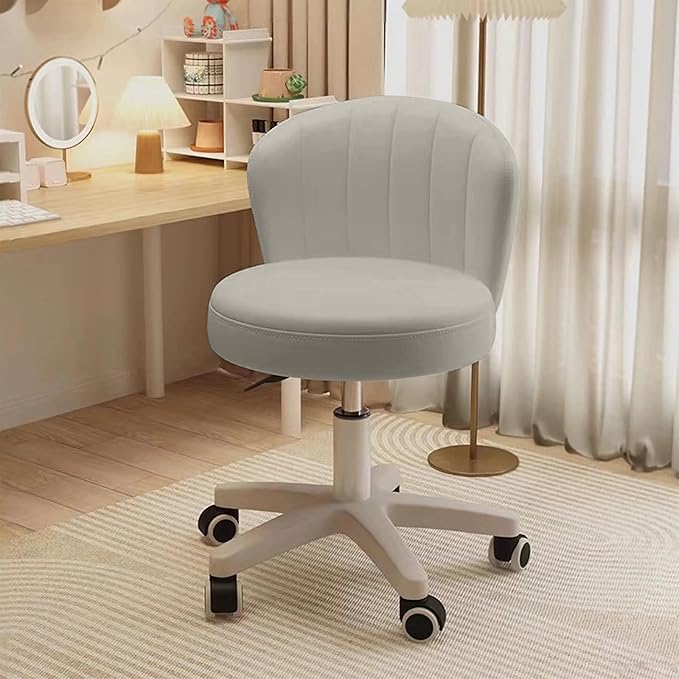 Small Desk Chair Round Rolling Chair with Back PU Leather Height Adjustable Swivel Vanity Work Computer Stool Chair for Home Office Bedroom, Set of 2