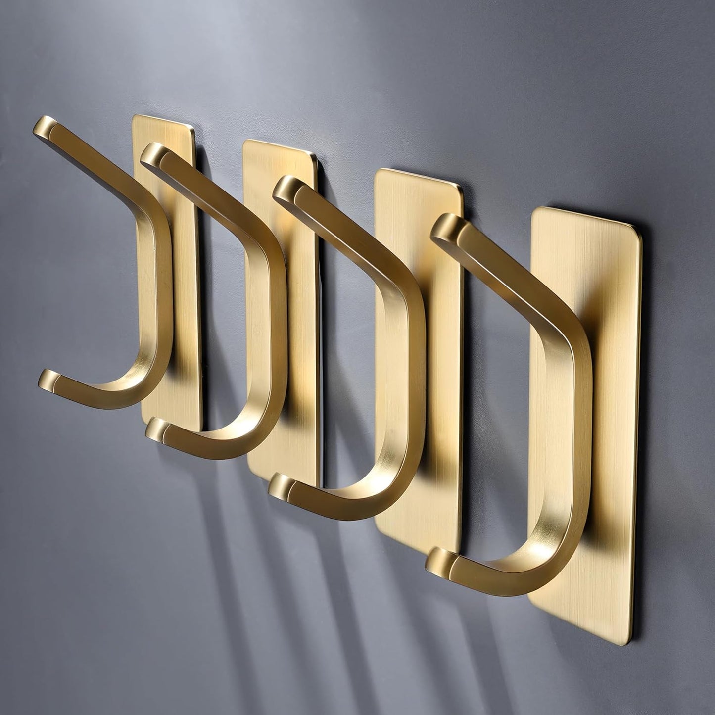 DELITON Gold Adhesive Hooks - 4 Pack Heavy Duty Stainless Steel Towel Hooks for Bathroom, Kitchen, No Drill Stick on Wall Hook for Hanging Robe, Coat, Clothes