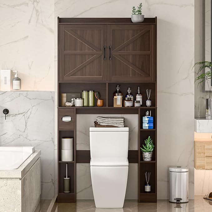 Over The Toilet Storage Cabinet, Farmhouse Toilet Cabinet Rack with Barn Doors, Space Saving Bathroom Organizer with Shelves, Toilet Paper Holder and Towel Rack for Bathroom,Restroom,Laundry,Espresso