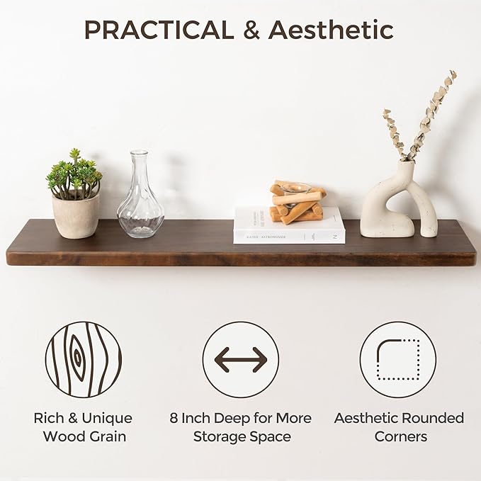 36" Rustic Walnut Wood Floating Shelves, 8 Inch Deep Wall Shelves for Home Decor, Wall Mounted Floating Shelf with Invisible Bracket, Heavy-Duty Storagefor Living Room, Bedroom, Kitchen, Set of 2