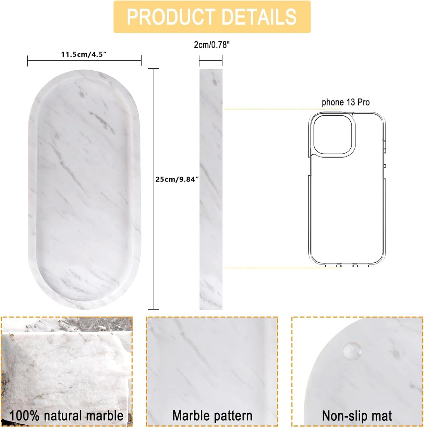 WORHE Natural Marble Vanity Tray Italy Oval Stone Trays for Candles Perfume, Decorative Jewelry Dish for Small Items, Countertop Storage Organizer for Home Bathroom Kitchen Matte Surface White (BH101)