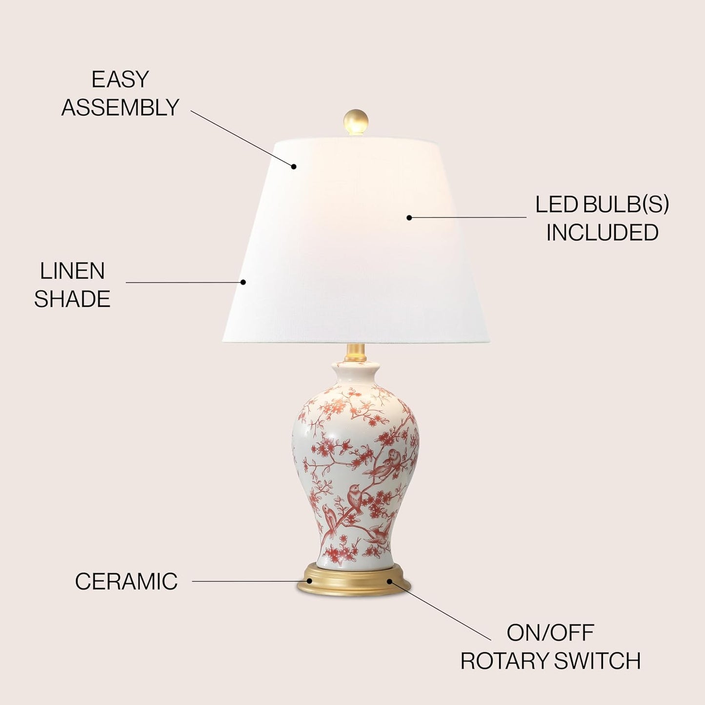 JONATHAN Y JYL3009C Grace 24" French Country Cottage Ceramic/Iron Floral Urn LED Table Lamp, White/Red for Bedroom, Living Room, Office, College