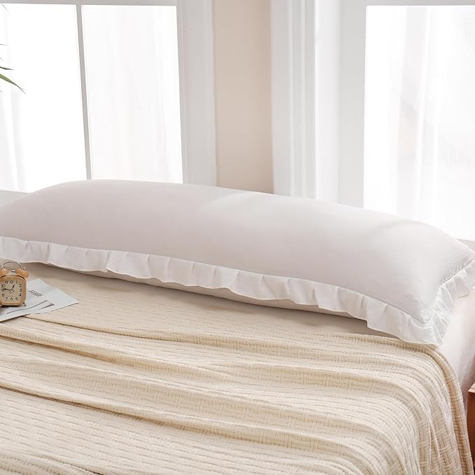 Merryword Beige Body Pillow Cover 20x54inches Beige and White Reversible Long Pillowcase Ruffled Body Pillowcases Cute Pillowcase Pillow Sham (1 Body, Beige White)